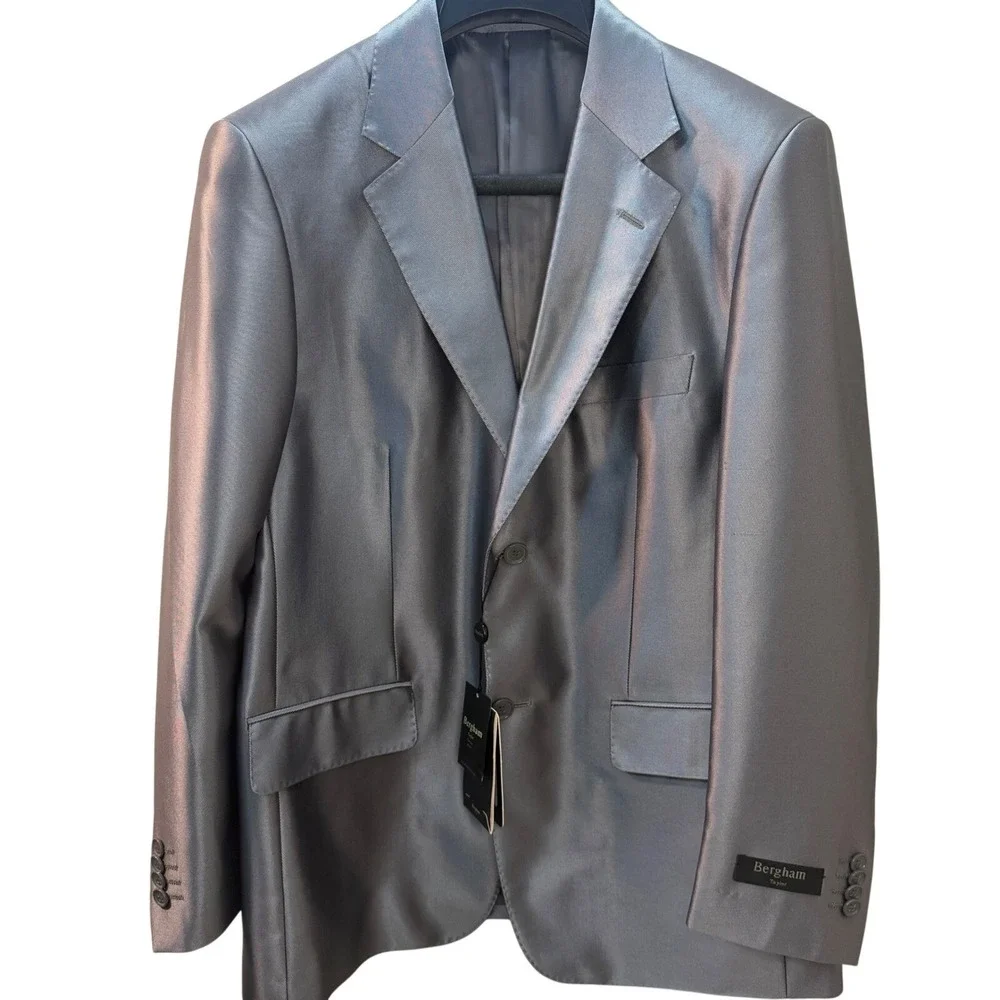 Bergham Taylor Made in Italy Metallic Silver Suit Set Blazer & Dress Slacks  NWT
